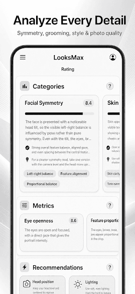 LooksMax AI photo analysis screen on Android