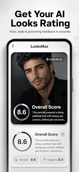 LooksMax AI looks rating screen showing an overall score